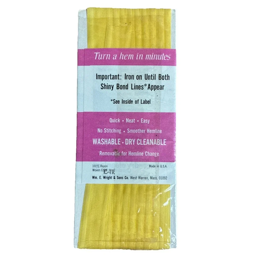 Wright's Iron On Seam Binding‎ Woven Edge 3 yds 608 Yellow 79 Rayon USA Vintage